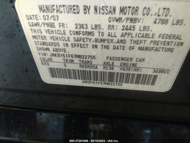 2007 INFINITI G35 SEDAN G35X VIN: JNKBV61F67M822755