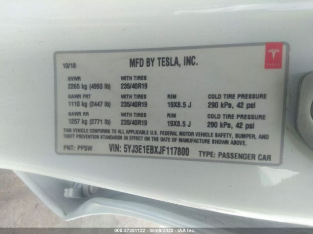 5YJ3E1EBXJF117800 Tesla Model 3 Long Range