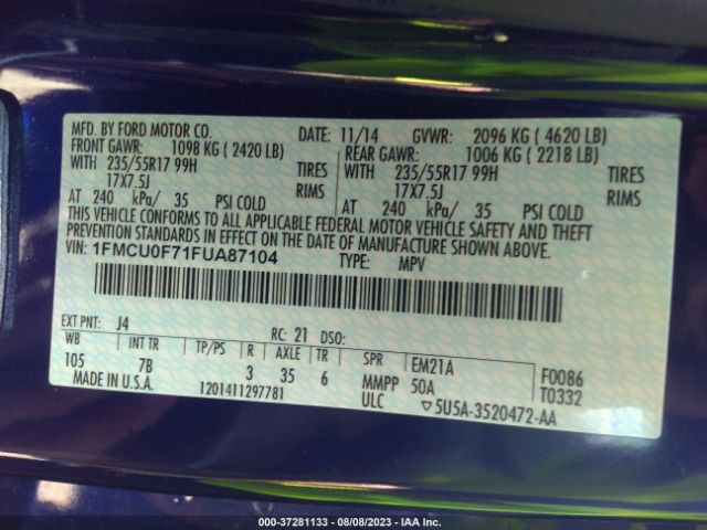 1FMCU0F71FUA87104 Ford ESCAPE S