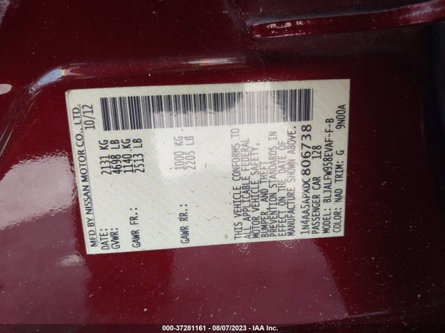 2013 NISSAN MAXIMA 3.5 SV VIN: 1N4AA5APXDC806738