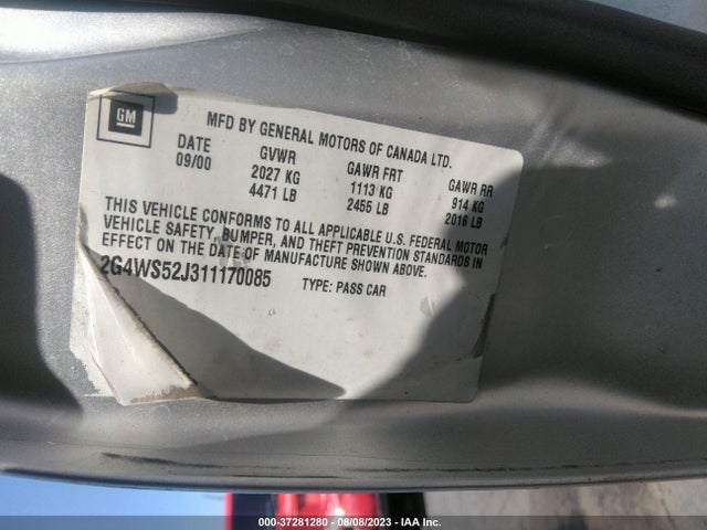 2001 BUICK CENTURY CUSTOM VIN: 2G4WS52J311170085