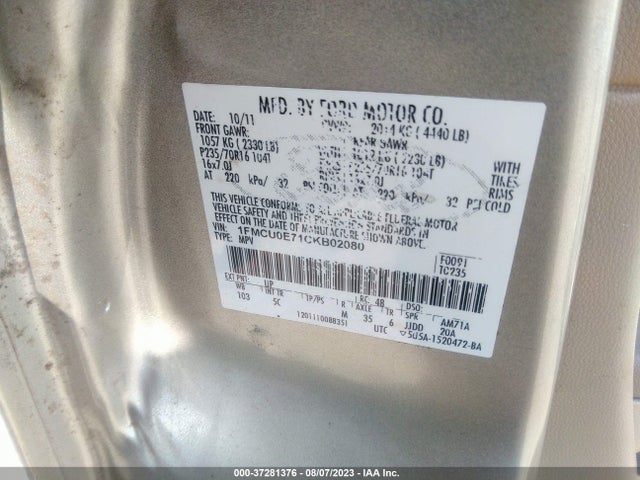 2012 FORD ESCAPE LIMITED VIN: 1FMCU0E71CKB02080