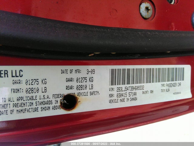 2009 DODGE CHALLENGER R/T VIN: 2B3LJ54T39H609332