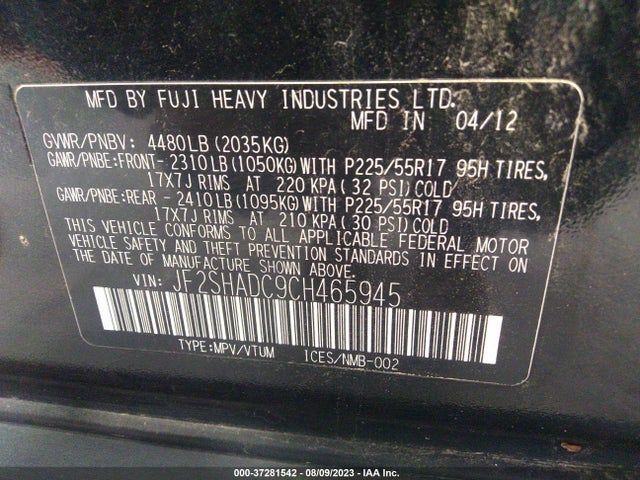 2012 SUBARU FORESTER 2.5X PREMIUM VIN: JF2SHADC9CH465945