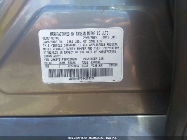 2008 INFINITI G35 SEDAN X VIN: JNKBV61F38M268706