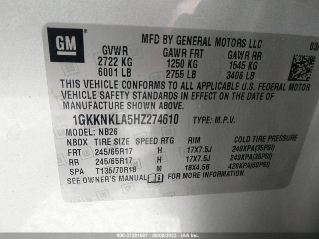 1GKKNKLA5HZ274610 GMC ACADIA SLE