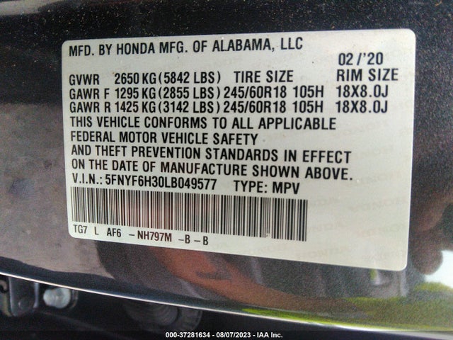 Honda Pilot Ex 2020 5FNYF6H30LB049577 Image 16