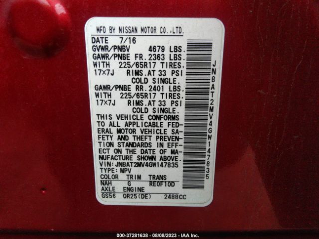 JN8AT2MV4GW147835 Nissan ROGUE S