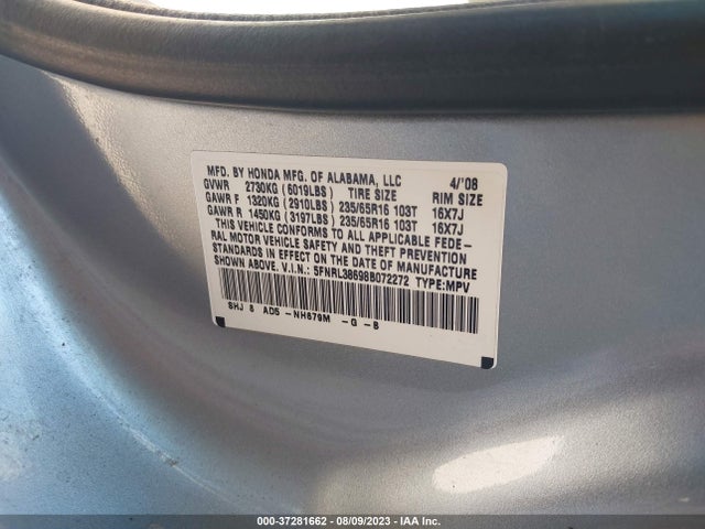 2008 HONDA ODYSSEY EX-L VIN: 5FNRL38698B072272