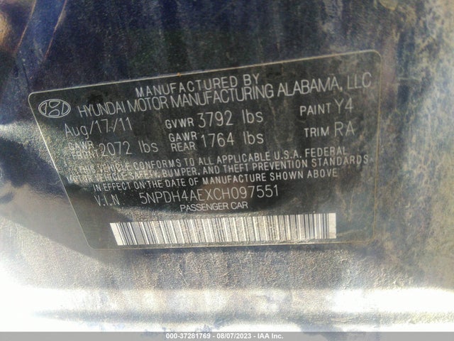 2012 HYUNDAI ELANTRA GLS VIN: 5NPDH4AEXCH097551