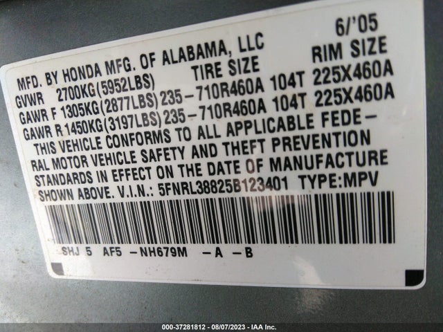 2005 HONDA ODYSSEY TOURING VIN: 5FNRL38825B123401