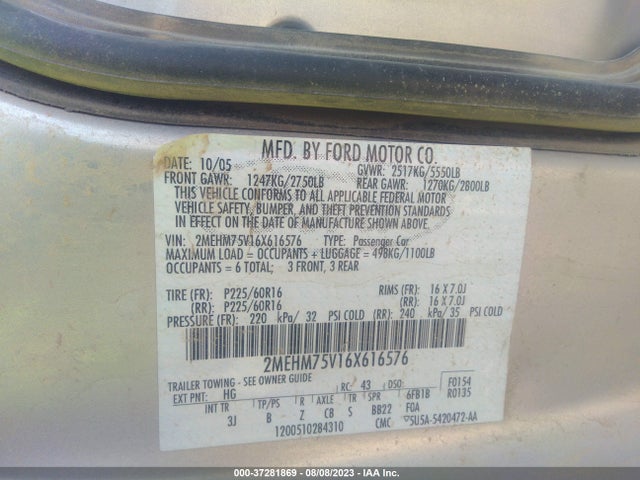2006 MERCURY GRAND MARQUIS LS VIN: 2MEHM75V16X616576