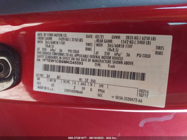1FTEW1CB9MKD45593 Ford F-150 Xl/xlt