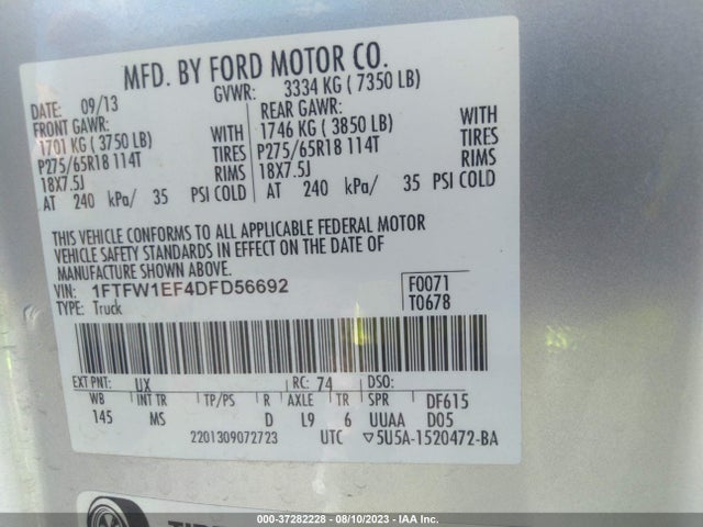 2013 FORD F-150 XL/XLT/FX4/LARIAT VIN: 1FTFW1EF4DFD56692