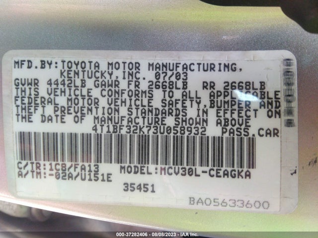 2003 TOYOTA CAMRY LE/SE/XLE VIN: 4T1BF32K73U058932