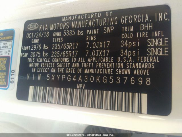 5XYPG4A30KG537698 KIA SORENTO LX