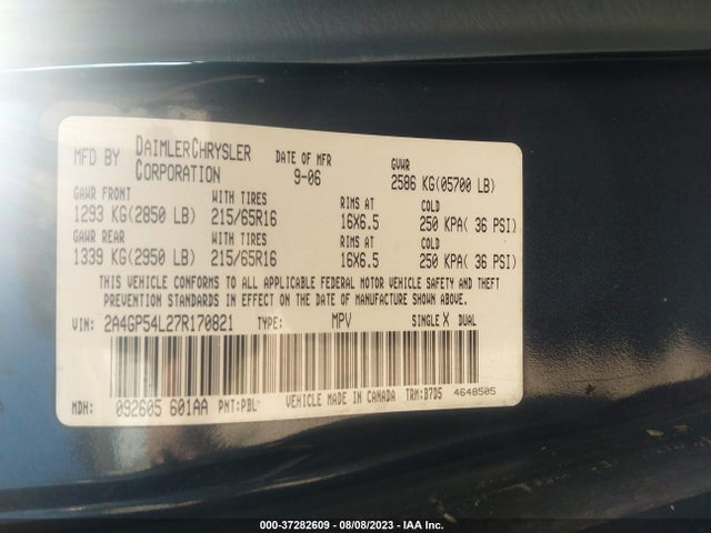 2007 CHRYSLER TOWN & COUNTRY LWB TOURING VIN: 2A4GP54L27R170821