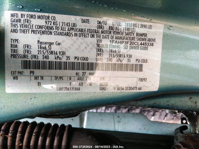 2012 FORD FOCUS SE VIN: 1FAHP3F20CL445338