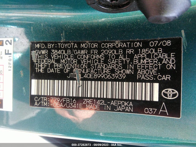 2009 TOYOTA COROLLA VIN: JTDBL40E899063939