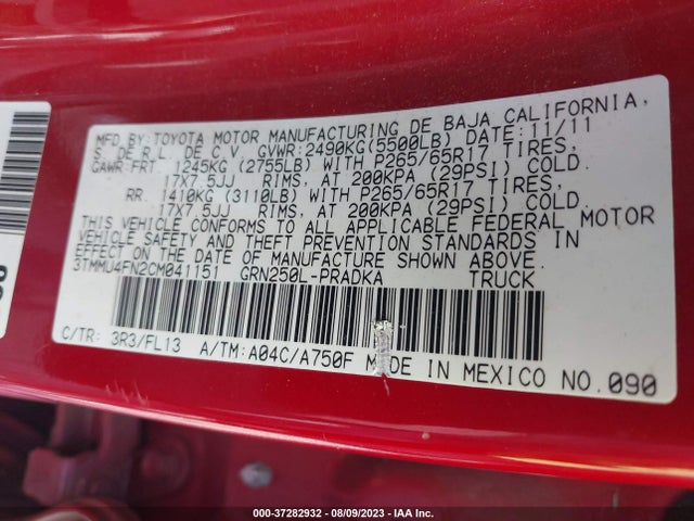 2012 TOYOTA TACOMA VIN: 3TMMU4FN2CM041151