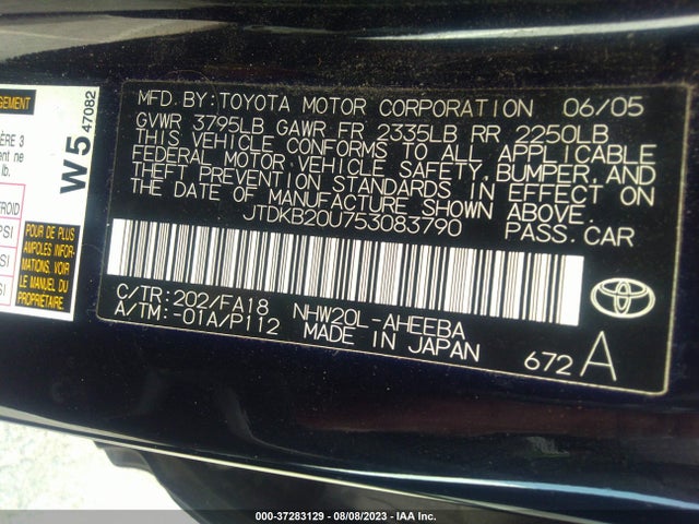 2005 TOYOTA PRIUS VIN: JTDKB20U753083790