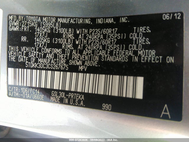 2012 TOYOTA SIENNA LE VIN: 5TDKK3DC3CS267675