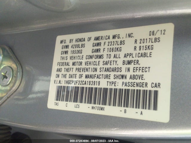 2012 HONDA ACCORD SDN LX VIN: 1HGCP2F32CA193919