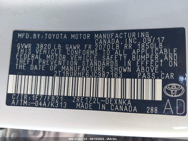 2018 TOYOTA COROLLA L/LE/XLE/SE/XSE VIN: 2T1BURHE6JC987163