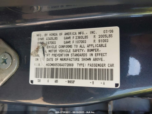 2006 HONDA ACCORD SDN EX-L V6 VIN: 1HGCM66536A072869