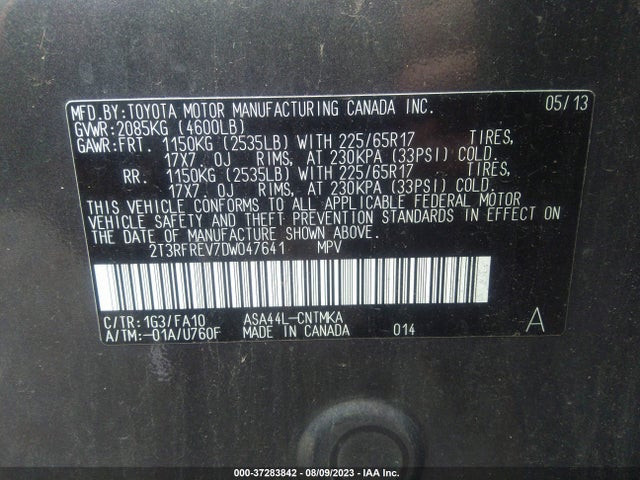 2013 TOYOTA RAV4 XLE VIN: 2T3RFREV7DW047641