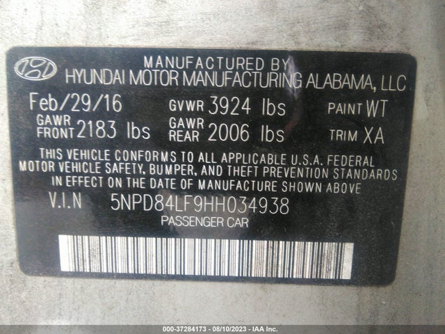 2017 HYUNDAI ELANTRA SE VIN: 5NPD84LF9HH034938