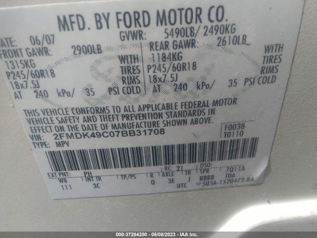2007 FORD EDGE SEL PLUS VIN: 2FMDK49C07BB31708