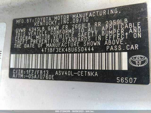 2011 TOYOTA CAMRY VIN: 4T1BF3EK4BU650444