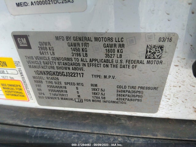 Chevrolet Traverse Lt 2016 1GNKRGKD5GJ322717 Image 9
