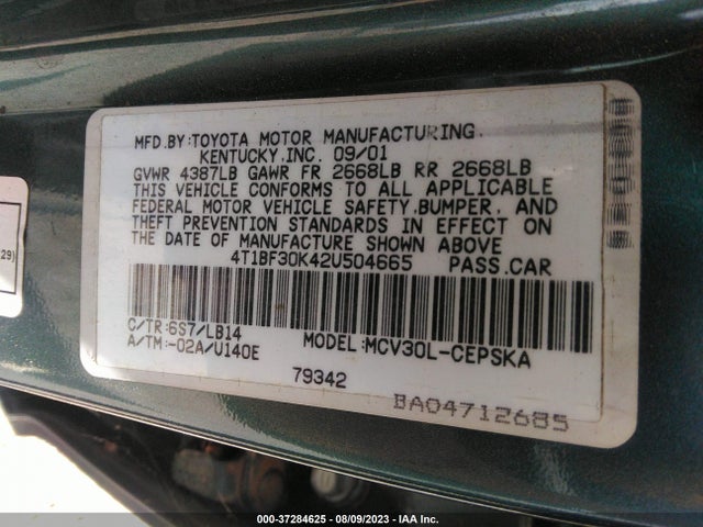 2002 TOYOTA CAMRY XLE/LE/SE VIN: 4T1BF30K42U504665