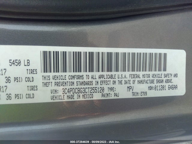 2012 DODGE JOURNEY SXT VIN: 3C4PDCBG3CT255120