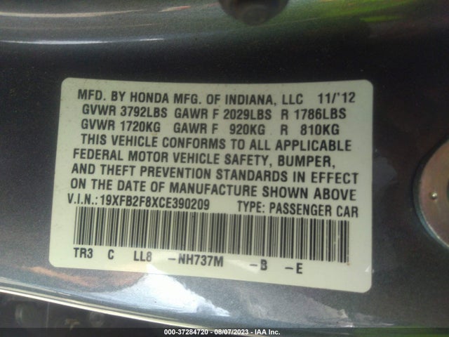 2012 HONDA CIVIC SDN EX VIN: 19XFB2F8XCE390209