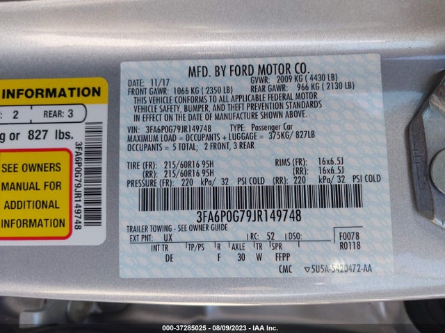 2018 FORD FUSION S VIN: 3FA6P0G79JR149748