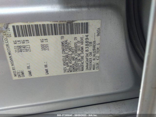 2010 NISSAN MAXIMA 3.5 S VIN: 1N4AA5AP3AC838894