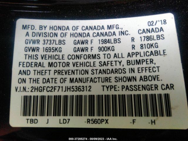 2HGFC2F71JH536312 Honda Civic Sedan Ex