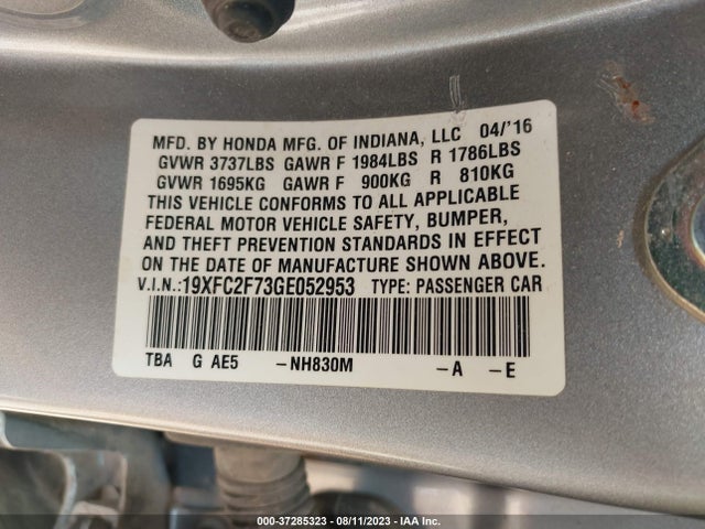 Honda Civic Sedan Ex 2016 19XFC2F73GE052953 Image 9