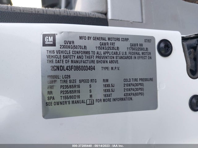 2008 CHEVROLET EQUINOX LT VIN: 2CNDL43F086003494