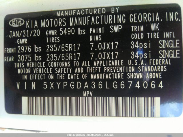 5XYPGDA36LG674064 KIA SORENTO LX