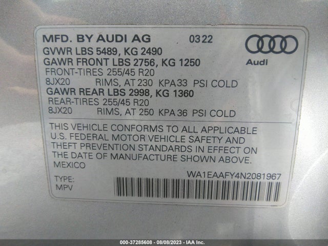 WA1EAAFY4N2081967 Audi Q5 S Line Premium Plus