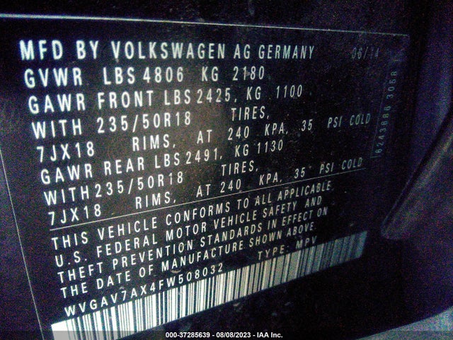 WVGAV7AX4FW508032 Volkswagen Tiguan Sel