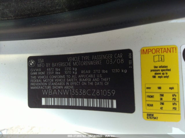 2008 BMW 5 SERIES 535I VIN: WBANW13538CZ81059