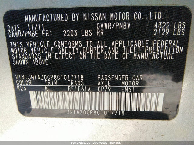 2012 NISSAN LEAF SL VIN: JN1AZ0CP8CT017718