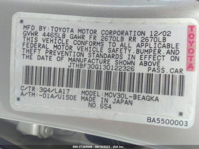 2003 LEXUS ES 300 VIN: JTHBF30G130122326
