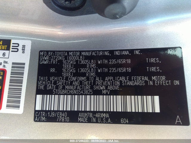 Toyota HIGHLANDER HYBRID 2022 5TDGBRCH6NS543825 Image 9