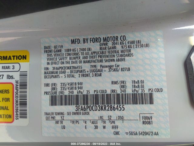 3FA6P0CD3KR286455 Ford FUSION SEL